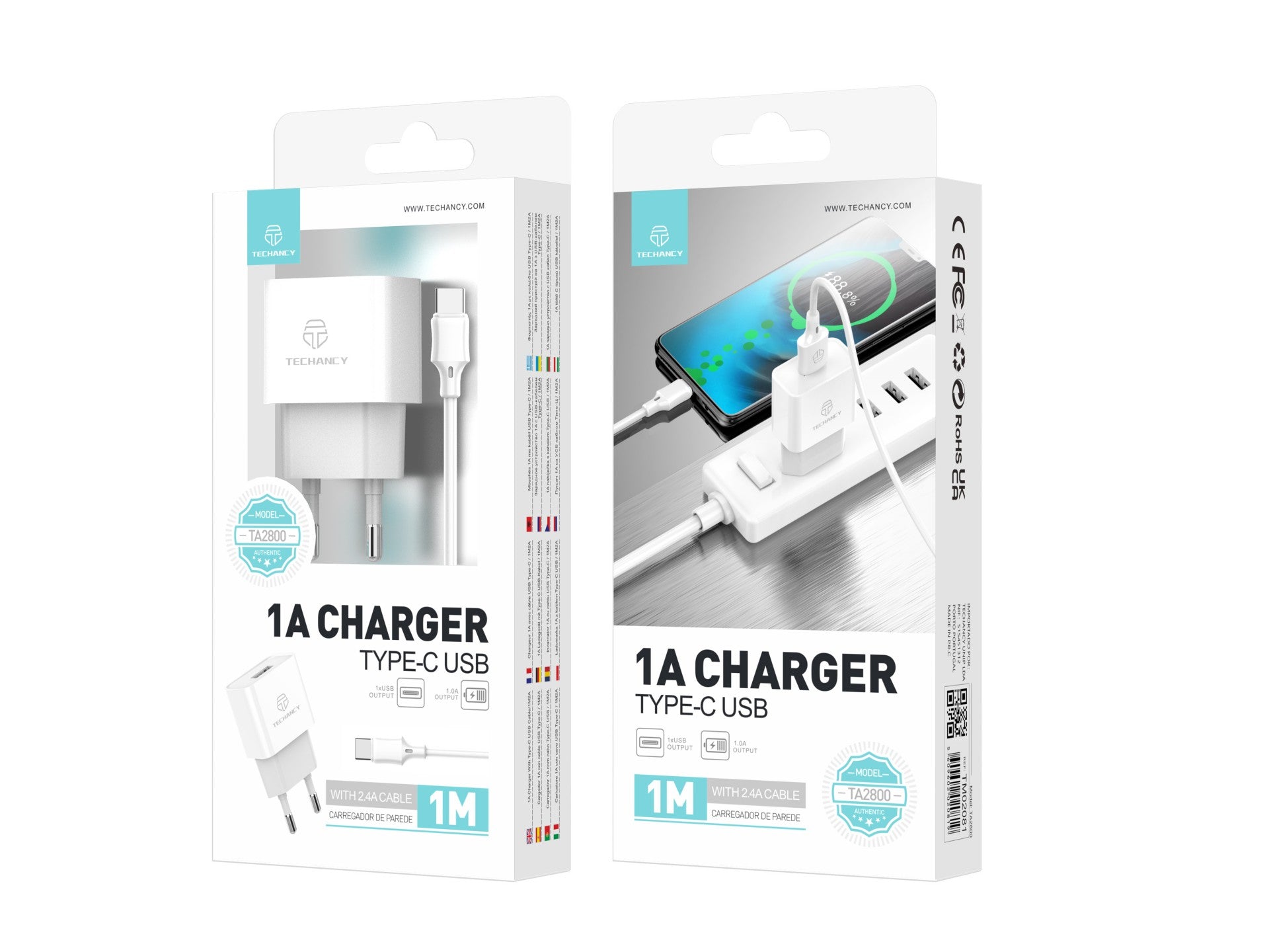 Techancy Carregador Usb Para Telemóvel Branco TA2776, Carregamento