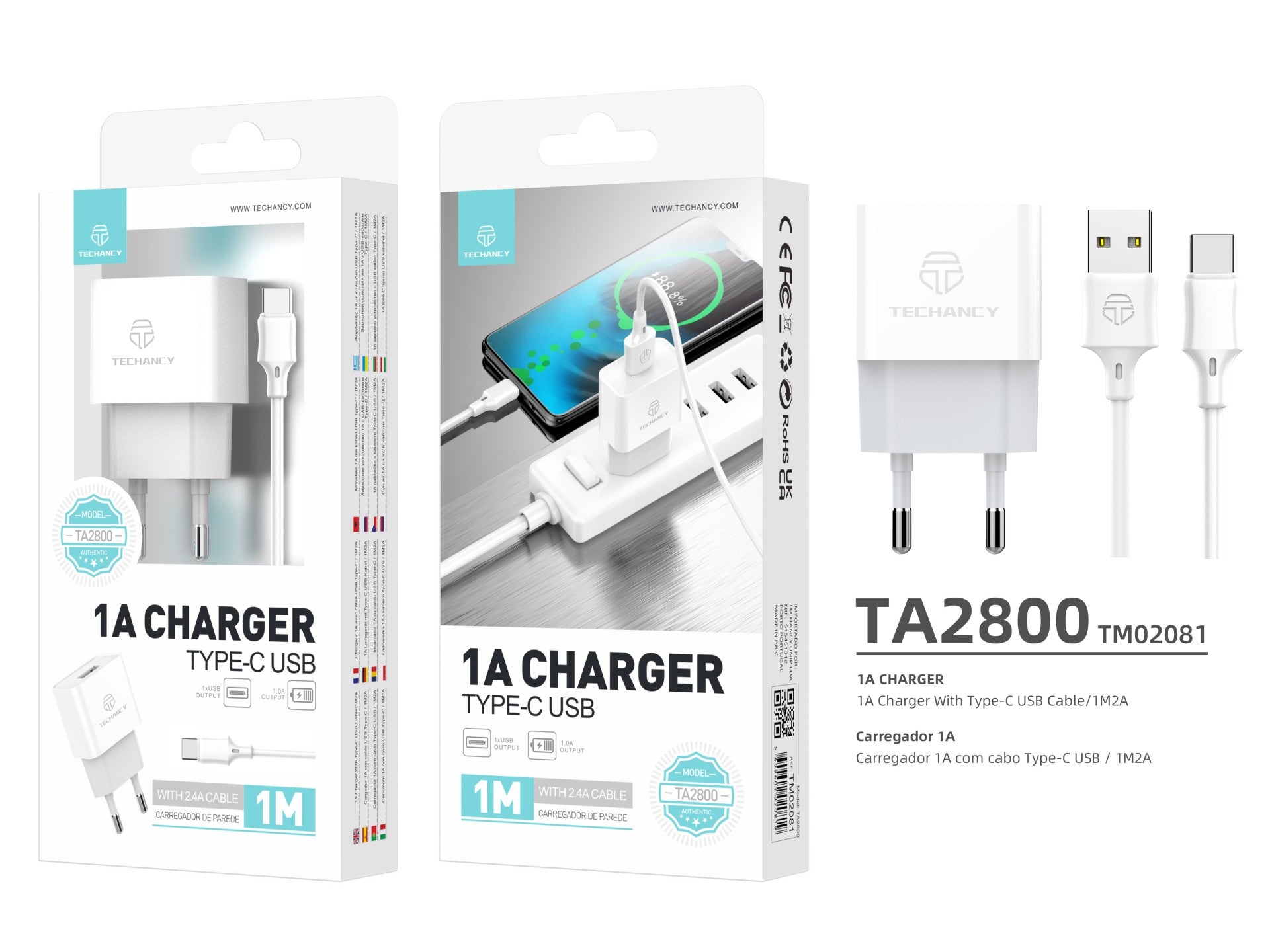 Techancy Carregador Usb Para Telemóvel Branco TA2776, Carregamento